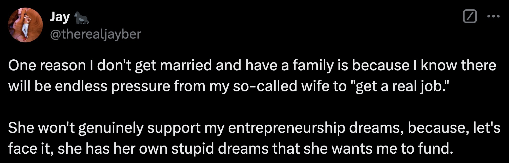 screenshot - Jay ... One reason I don't get married and have a family is because I know there will be endless pressure from my socalled wife to "get a real job." She won't genuinely support my entrepreneurship dreams, because, let's face it, she has her o